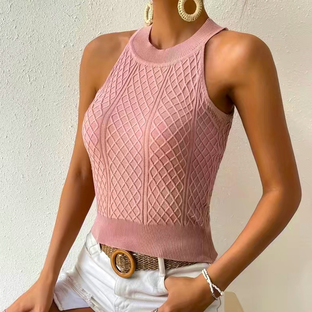 Cropped top, summer, sleeveless, size L, pink knit top